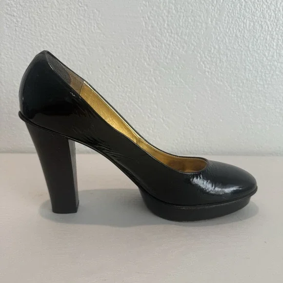Vintage Coach Womens Pump Size 9 Black Patent Block Heel Platform Shoe Mob Wife - Picture 4 of 13
